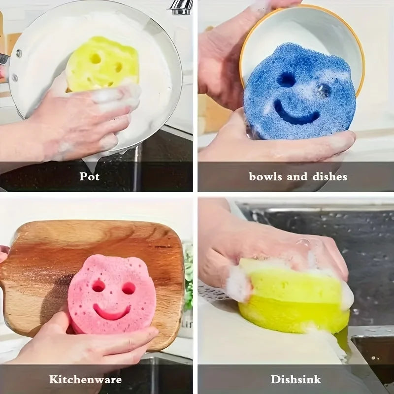 Hände demonstrieren die Verwendung von smiley-Gesicht-Temperaturwechsel-Reinigungschwämmen in verschiedenen Kontexten wie Top