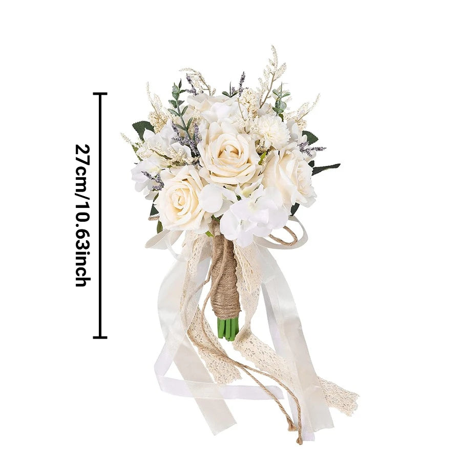 Elegant artificial rose wedding bouquet featuring white roses and dried floral accents