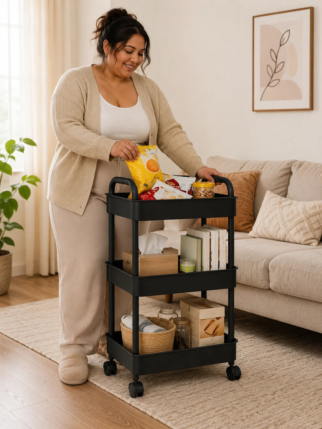 A woman is using a black 3-tier rolling storage cart to organize food items on a light rug.