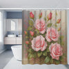 A floral shower curtain featuring pink roses and green leaves for bathroom decor.
