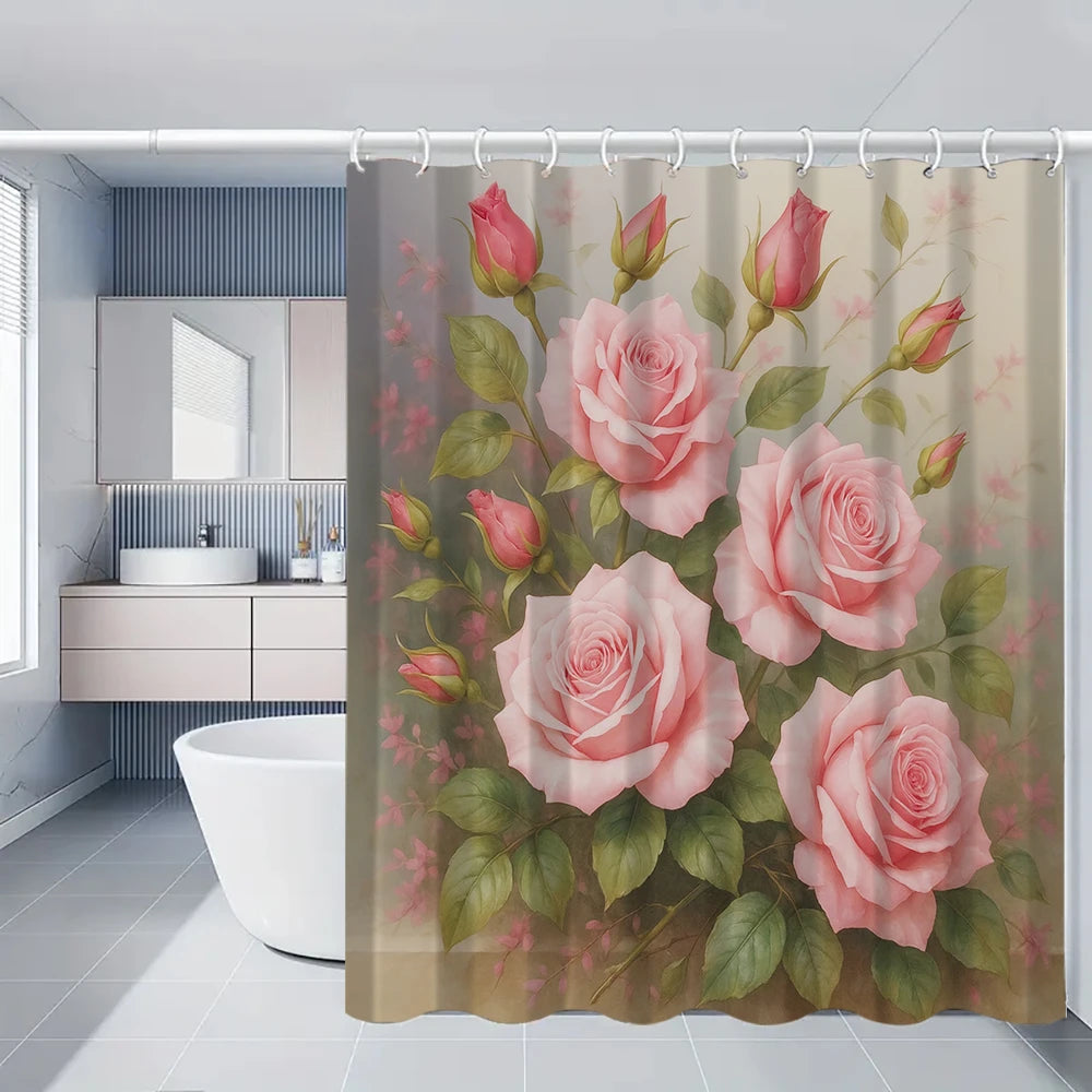 A floral shower curtain featuring pink roses and green leaves for bathroom decor.