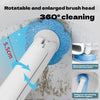 A white toilet brush set with a blue, enlarged, rotatable brush head is shown cleaning a surface.