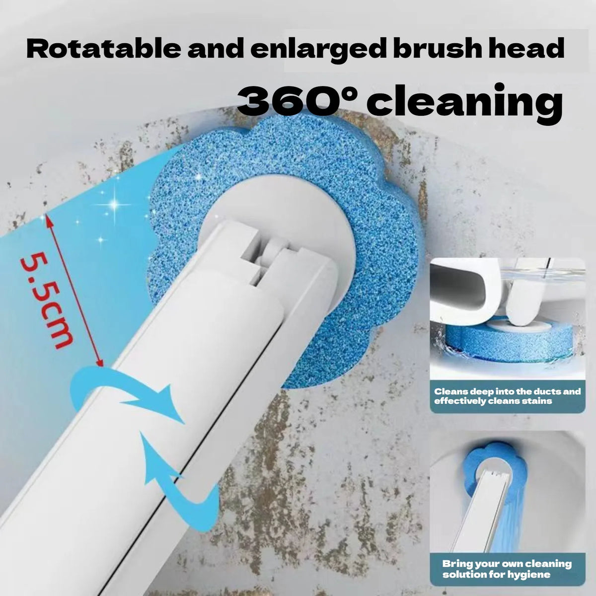 A white toilet brush set with a blue, enlarged, rotatable brush head is shown cleaning a surface.