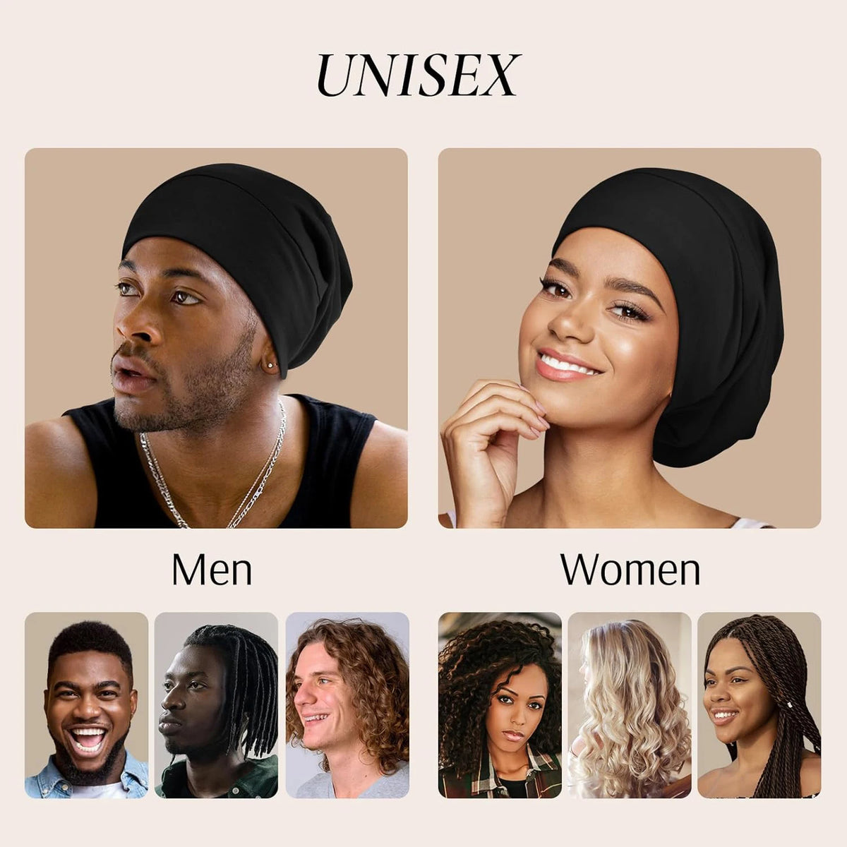 A collection of black satin sleep bonnets shown on men and women.