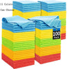 A stack of 100 multicolored microfiber cleaning cloths in various shades of blue, yellow, green, and orange.