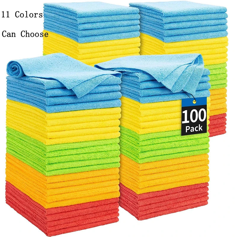 A stack of 100 multicolored microfiber cleaning cloths in various shades of blue, yellow, green, and orange.