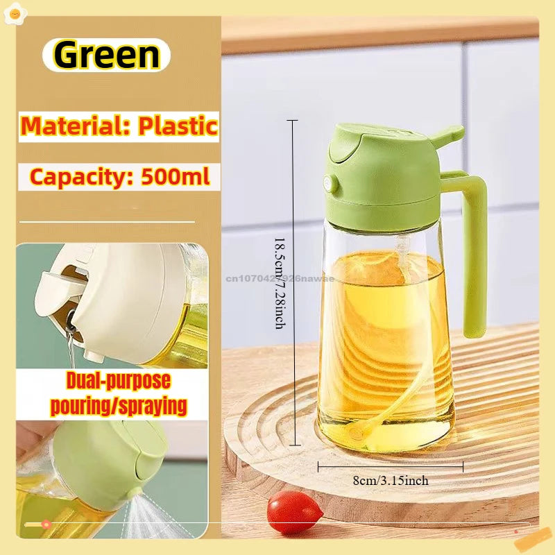 A clear plastic oil spray bottle with a green lid and handle, demonstrating dual-purpose pouring and spraying functions.