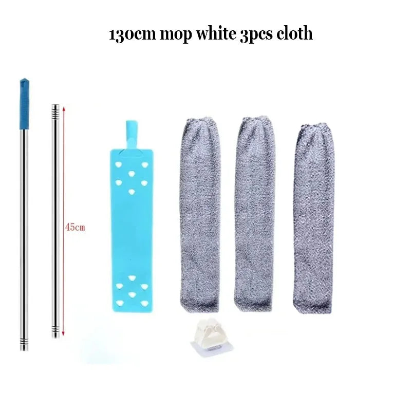 Three pieces of 130cm mop white cloth and a telescopic handle for cleaning.