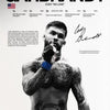 A muscular male fighter with tattoos is shown in a close-up portrait for a canvas art print.