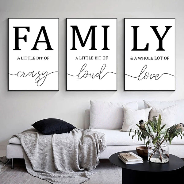 Three framed wall art prints featuring the words FAMILY, MI, and LY in a script font on white backgrounds.