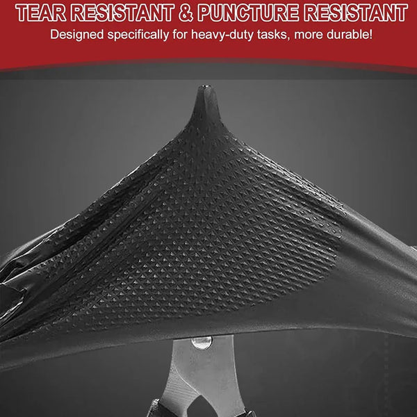 Close-up view of black heavy duty disposable nitrile gloves with a diamond texture