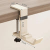 A beige adjustable desk hook hanger mounted on a wooden surface, showing its dimensions and installation.