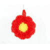 A bright red, fluffy acrylic dish towel with a yellow center.