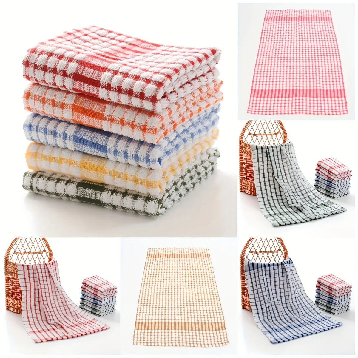 A stack of absorbent cotton cleaning cloths in various plaid patterns, including red and white, orange and white, blue and wh