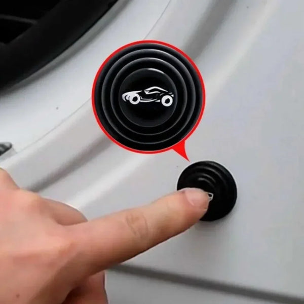 A hand is pressing a black button on a white car door, with an orange circle highlighting the button.