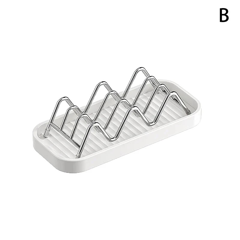 White W-shaped stainless steel soap storage rack with multiple slots