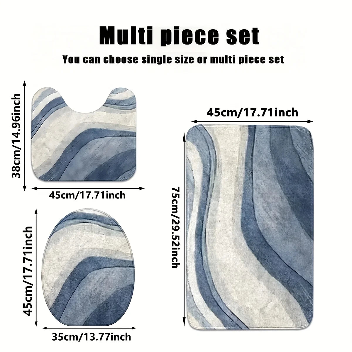 Multi piece set of soft non-slip bathroom rugs in blue and gray tones