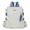 A white and blue PU leather travel backpack with gray straps and gold hardware.