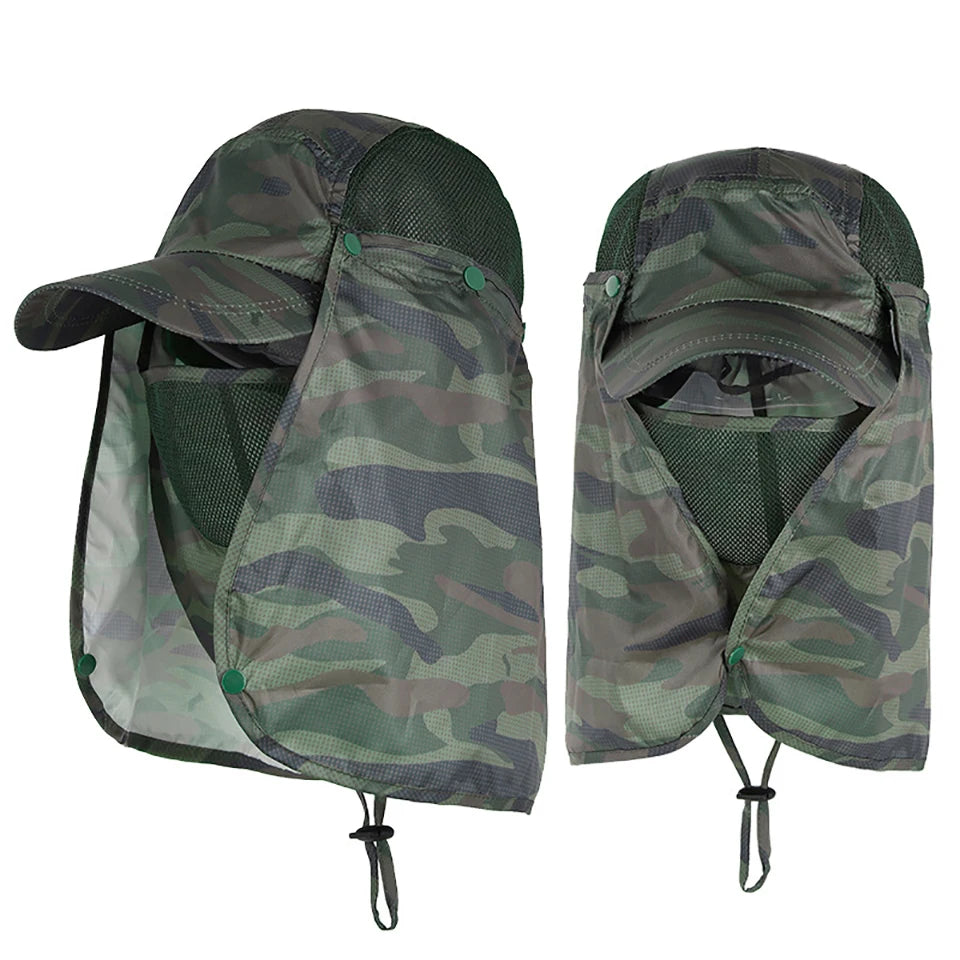 A pair of camouflage UV protection fishing sun hats for men and women.