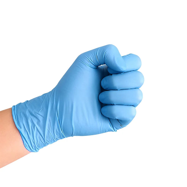 A hand wearing a light blue disposable nitrile cleaning glove is shown making a fist.