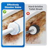 A comparison showing a cleaning tool effectively dissolving stains versus a hard-bristles toilet brush failing to clean.