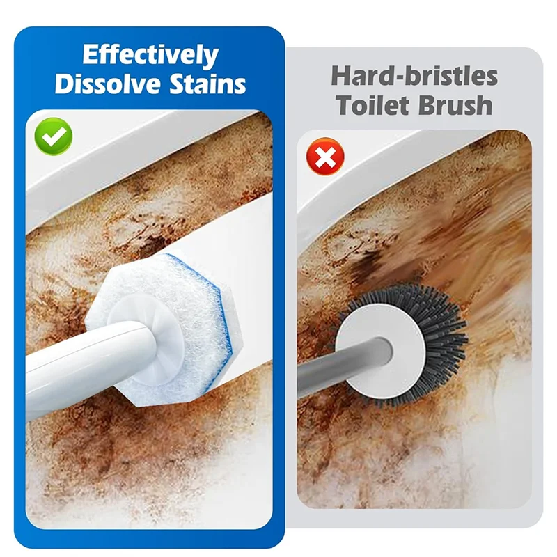 A comparison showing a cleaning tool effectively dissolving stains versus a hard-bristles toilet brush failing to clean.