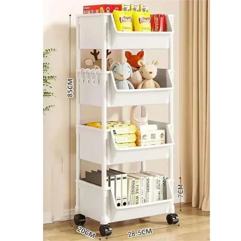 A white multi-layer portable storage rack with shelves for organizing various items, featuring wheels.