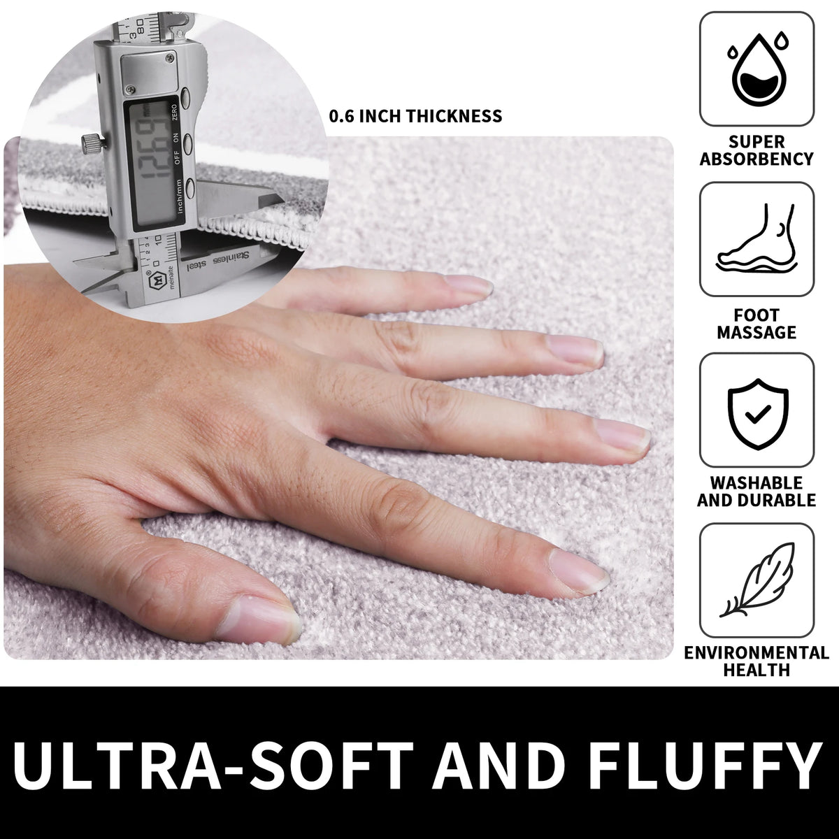 Close-up of a soft, fluffy bath mat being used for foot massage and featuring super absorbency.