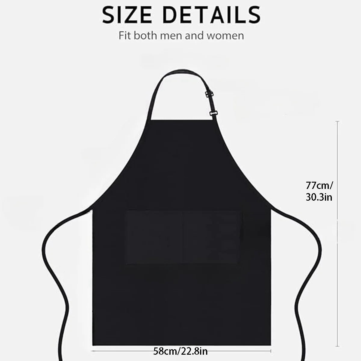 Black adjustable chef apron shown flat with size details and fit information for men and women