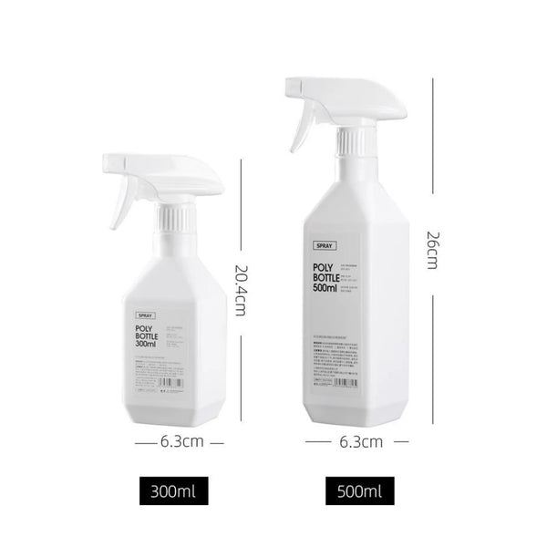 A white refillable plastic spray bottle with a pump dispenser is shown next to a larger 500ml version.