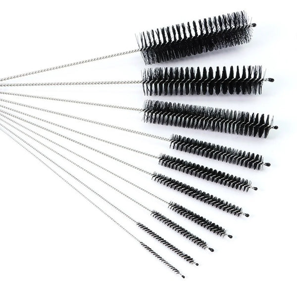 A set of ten nylon bottle and straw cleaning brushes with black bristles displayed on a white background.
