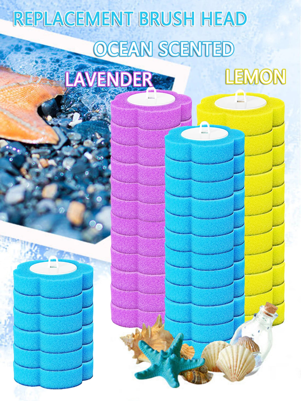 Replacement brush heads in lavender, lemon, and blue scents displayed with seashells.