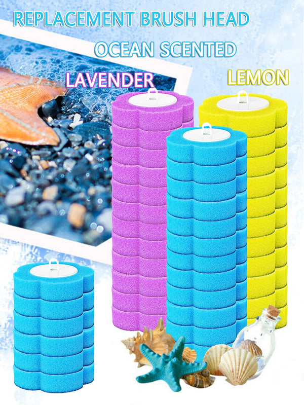 Replacement brush heads in lavender, lemon, and blue scents displayed with seashells.