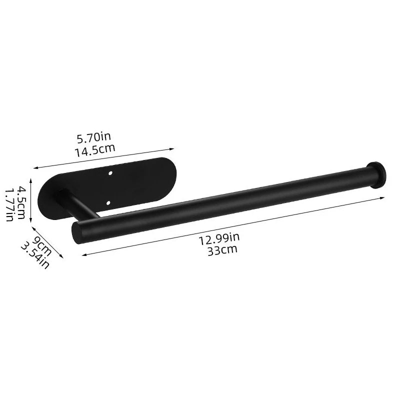Barras de toallas autoadhesivas de acero inoxidable negro, con dimensiones de 14.5 cm de largo y 1.1 cm de ancho.