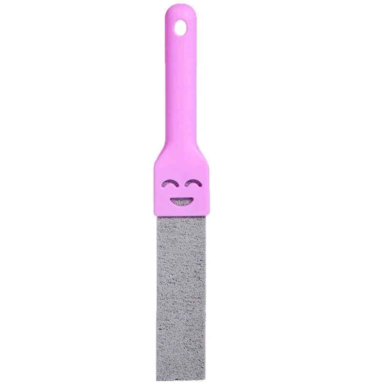 A pink natural pumice cleaning stick with a smiley face on the handle and a gray abrasive block.