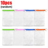 Ten random mesh soap pouches with colored ties for exfoliating body and face