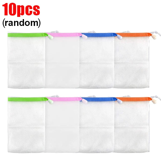 Ten random mesh soap pouches with colored ties for exfoliating body and face