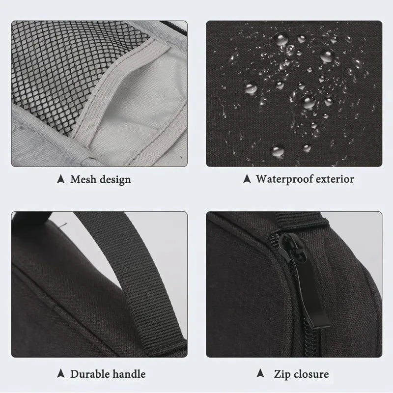 Close-up views of a multi-purpose travel electronics organizer bag showing mesh design, waterproof exterior, durable handle, 