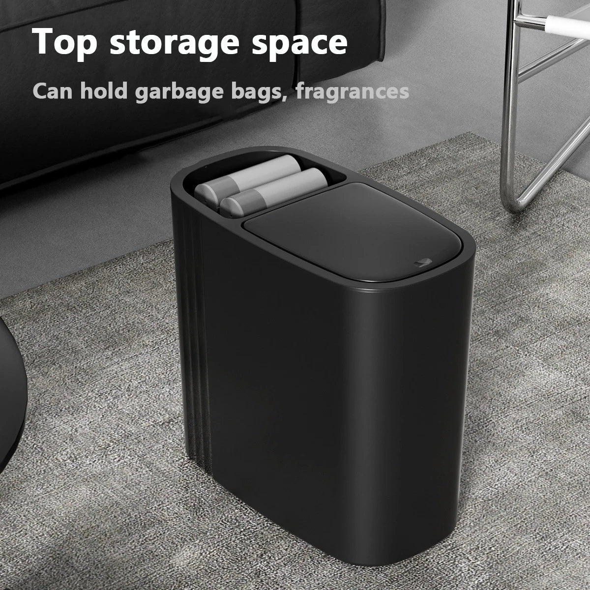 A black odor-sealing trash can with a press lid is shown on a gray carpet.