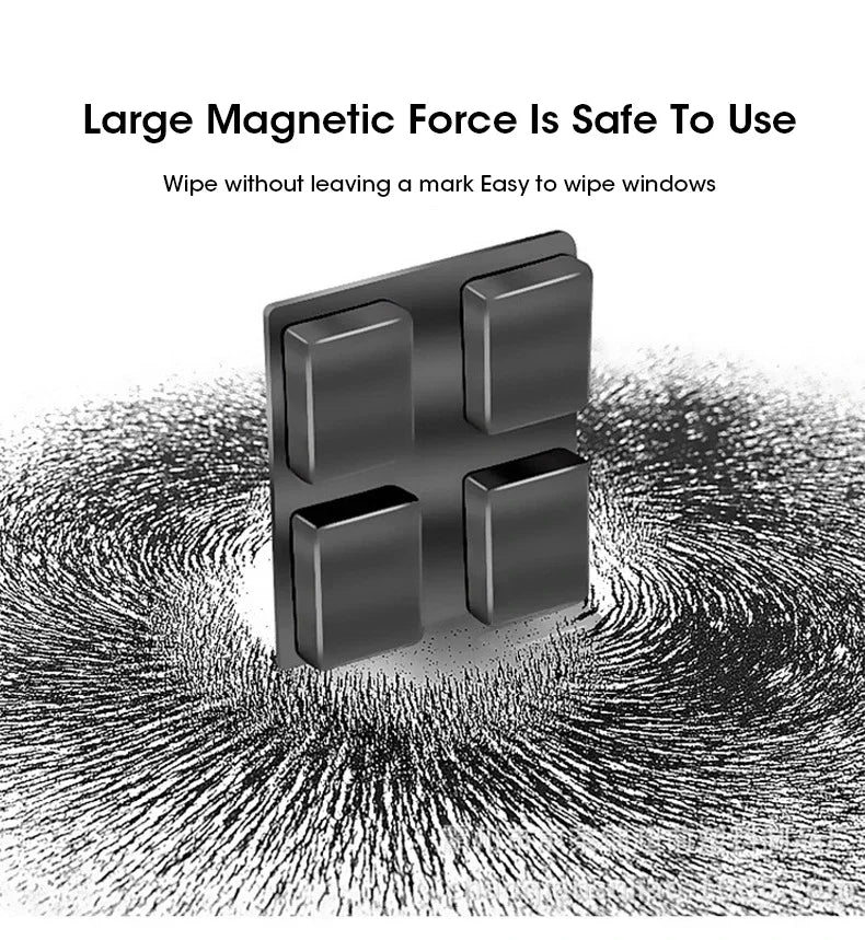 A black magnetic window cleaner tool with four suction cups shown against a textured background.