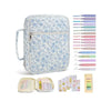 A light blue floral quilted Bible cover bag with a zipper and handle, shown next to various colored pens and pencils.