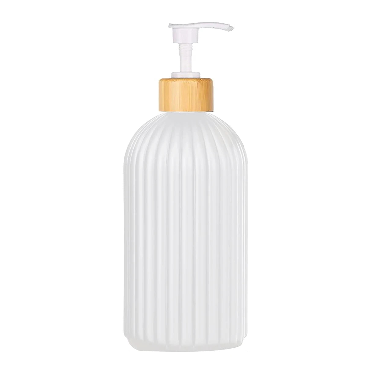 Weiße wiederbefüllbare Seifenspenderflasche mit Holzpumpverschluss.