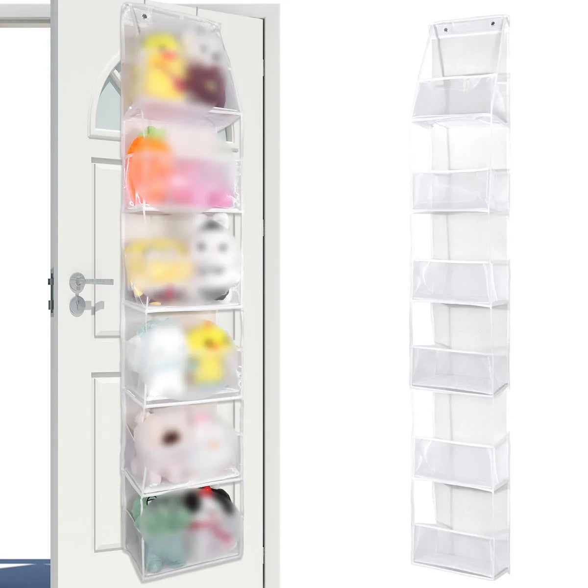 Clear acrylic over-the-door fabric storage organizer with multiple pockets for organizing small items