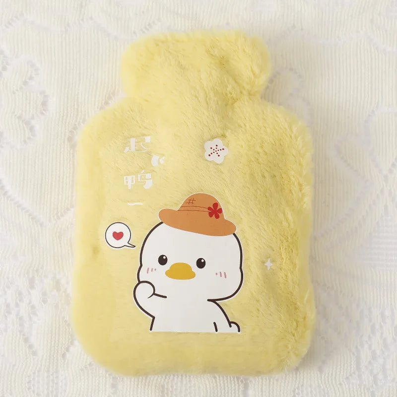 A yellow plush cartoon character resembling a duck is printed on a hot water bottle.
