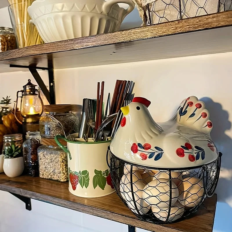 A white ceramic hen-shaped fruit basket filled with eggs sits on a wooden shelf.