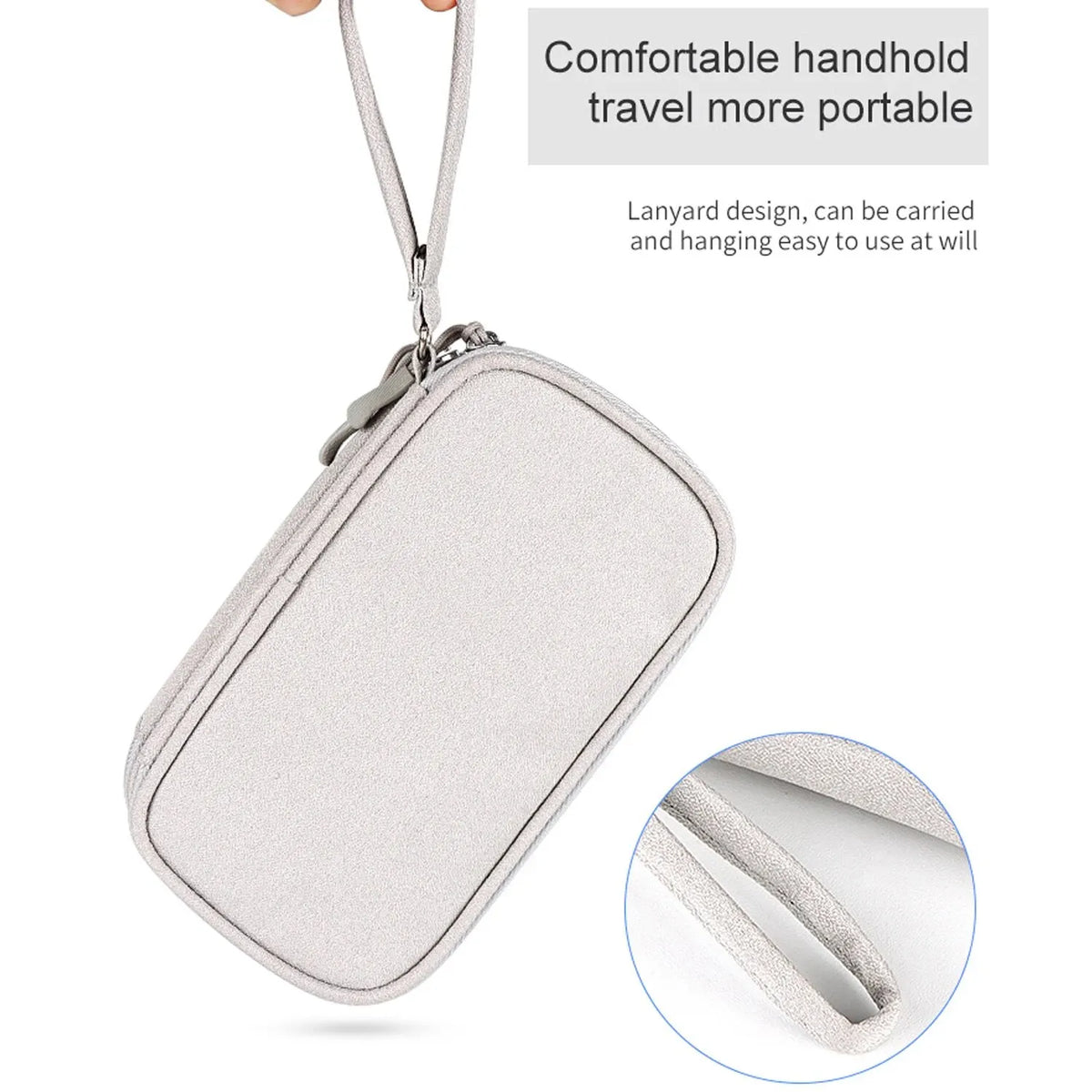 Silver waterproof cable organizer travel case with a lanyard for portable storage
