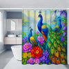 A vibrant floral shower curtain featuring blue peacock designs and lush purple and yellow flowers.