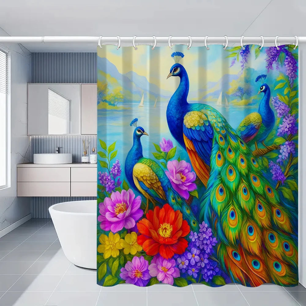 A vibrant floral shower curtain featuring blue peacock designs and lush purple and yellow flowers.