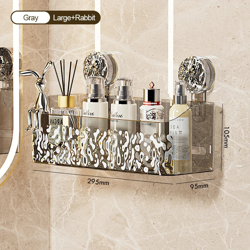 Stainless steel suction cup storage rack holding various bottles and grooming tools in a bathroom setting
