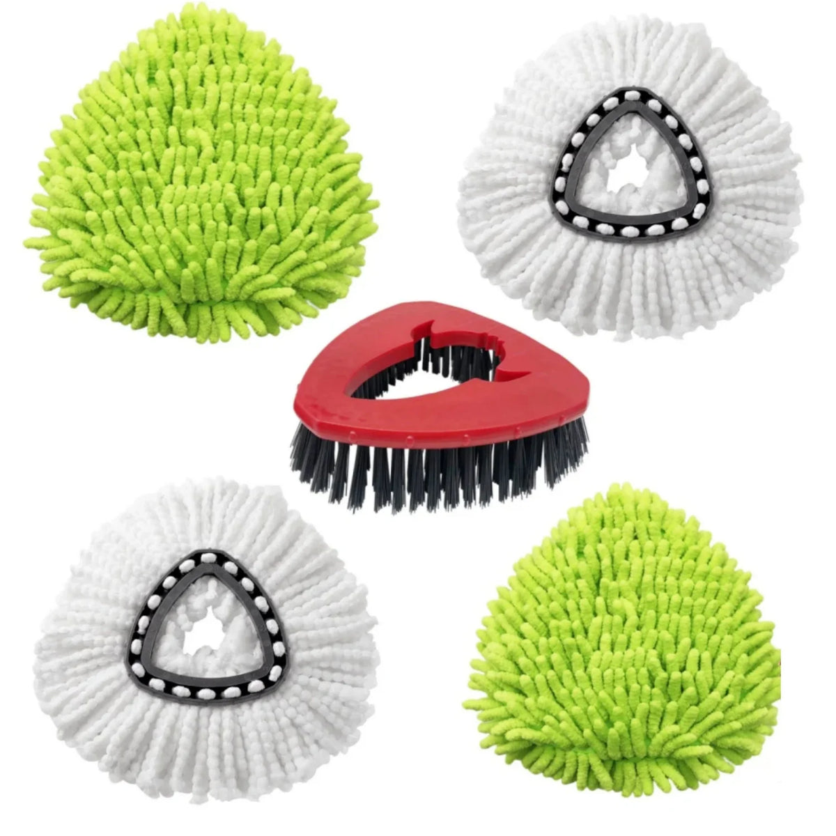 Set of four replacement spin mop heads in lime green and white with black accents
